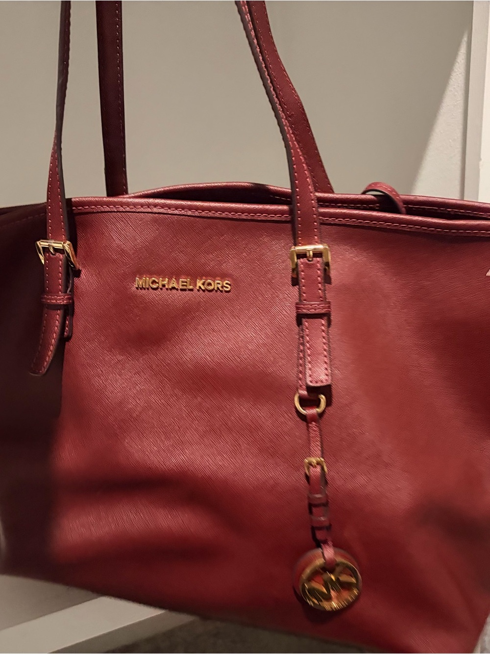 Michael Kors Red Leather Tote with Gold Accents